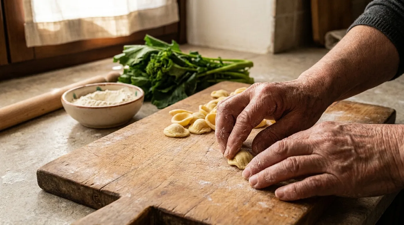 Mains d'une personne façonnant des orecchiette sur une planche en bois avec de la farine et des cimes de rapa.