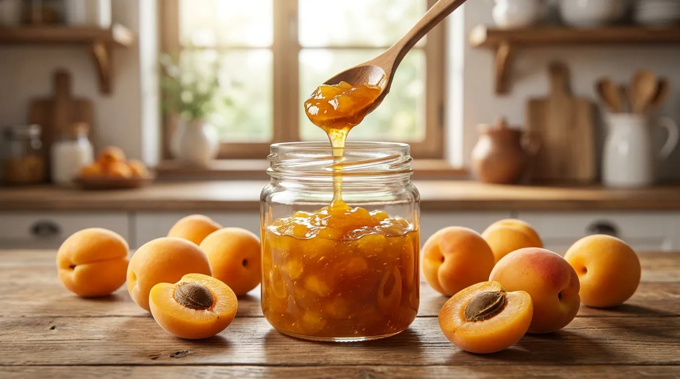 Un bocal de confiture d'abricot maison avec des fruits frais sur une table en bois dans une cuisine lumineuse.