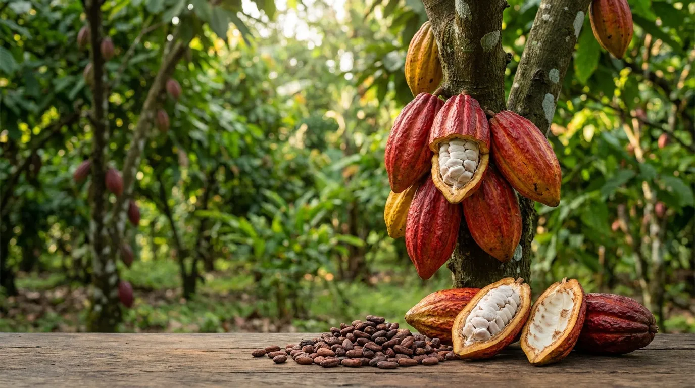 Cabosses de cacao rouges et jaunes suspendues à un arbre, avec des fèves de cacao fraîches sur une table en bois.