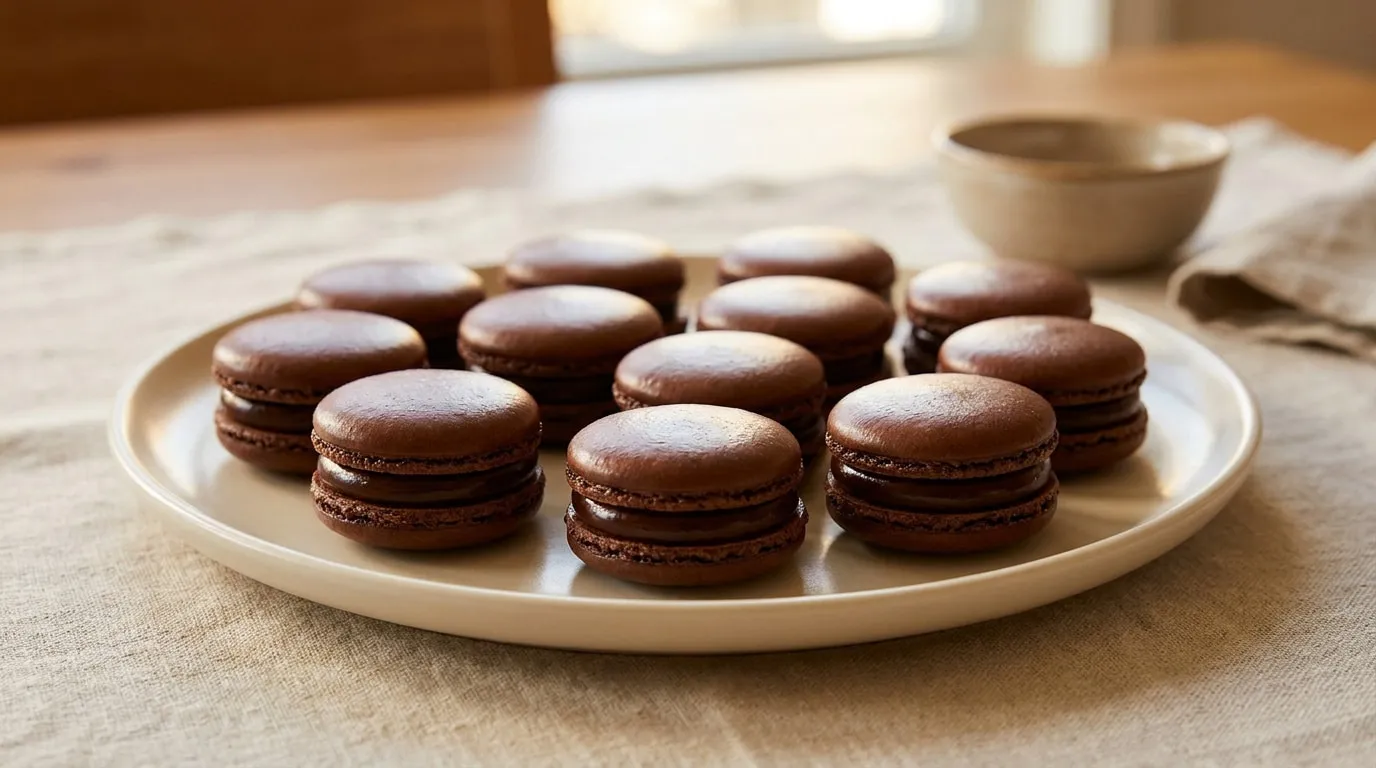 Une assiette remplie de macarons au chocolat brillants et parfaitement lisses posée sur une nappe en lin.