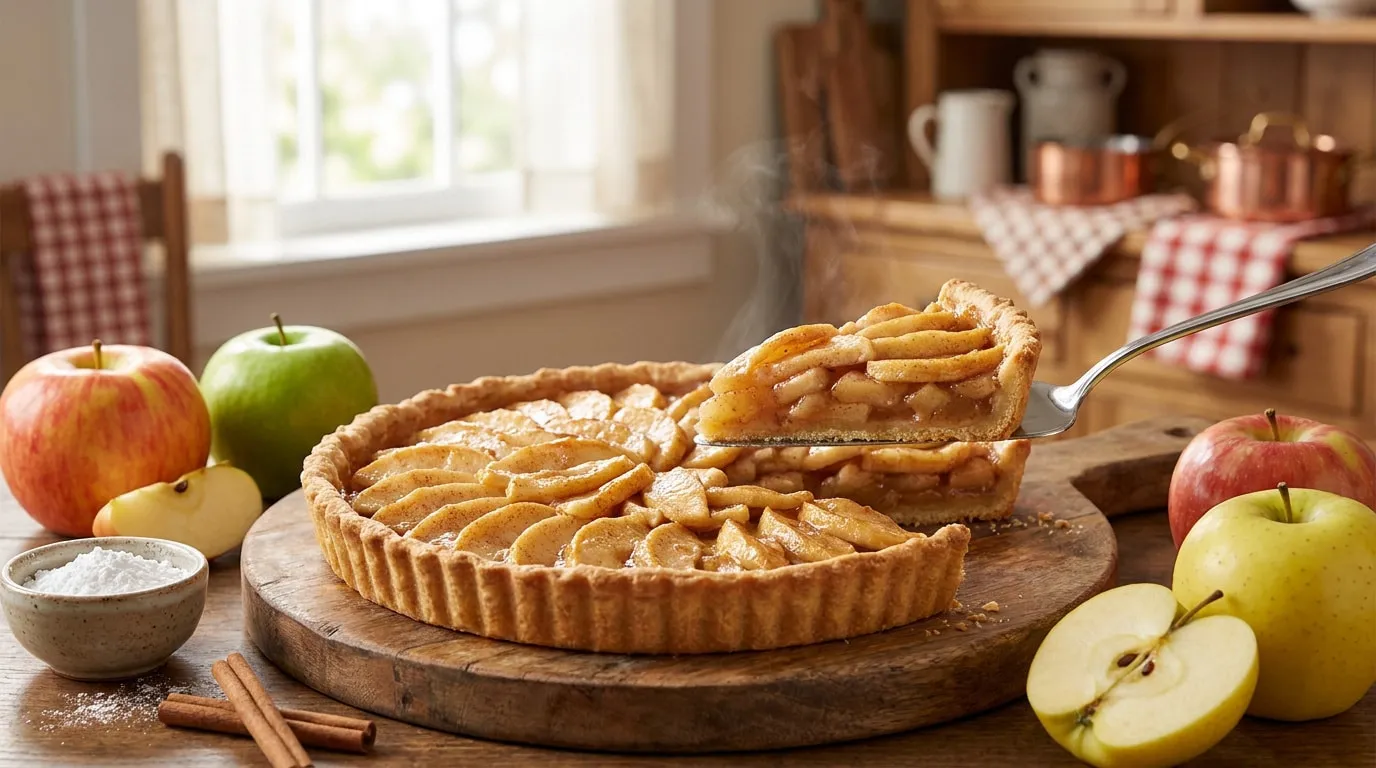 Une part de tarte aux pommes fumante soulevée d'une tourte sur une planche en bois avec des pommes fraîches.