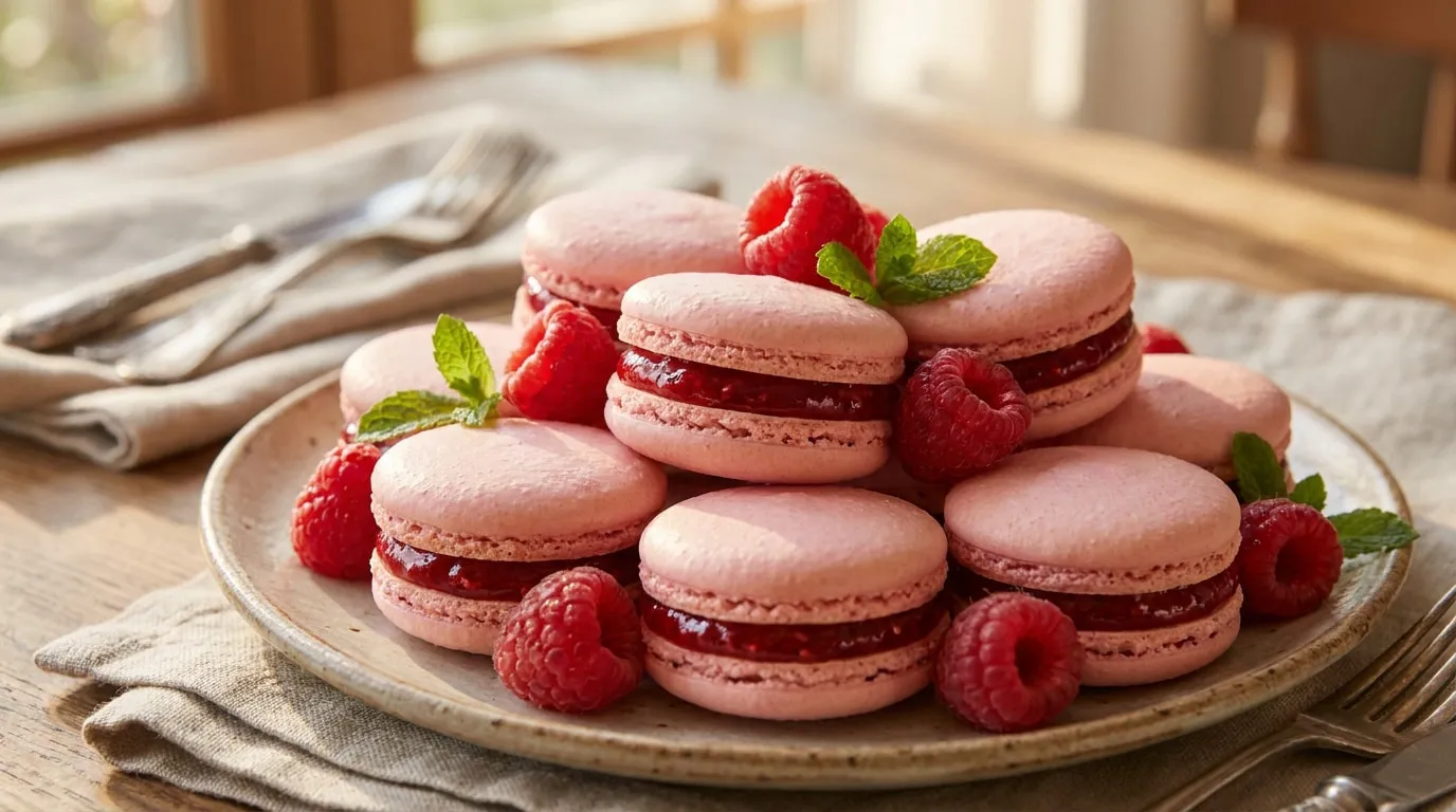 Assiette de macarons roses garnis de confiture de framboises fraîches et décorés de feuilles de menthe sur une table.