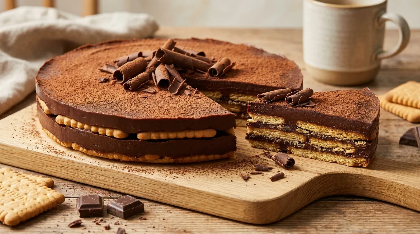 Gâteau au chocolat et petits-beurre en couches, saupoudré de cacao et décoré de copeaux de chocolat sur une planche.