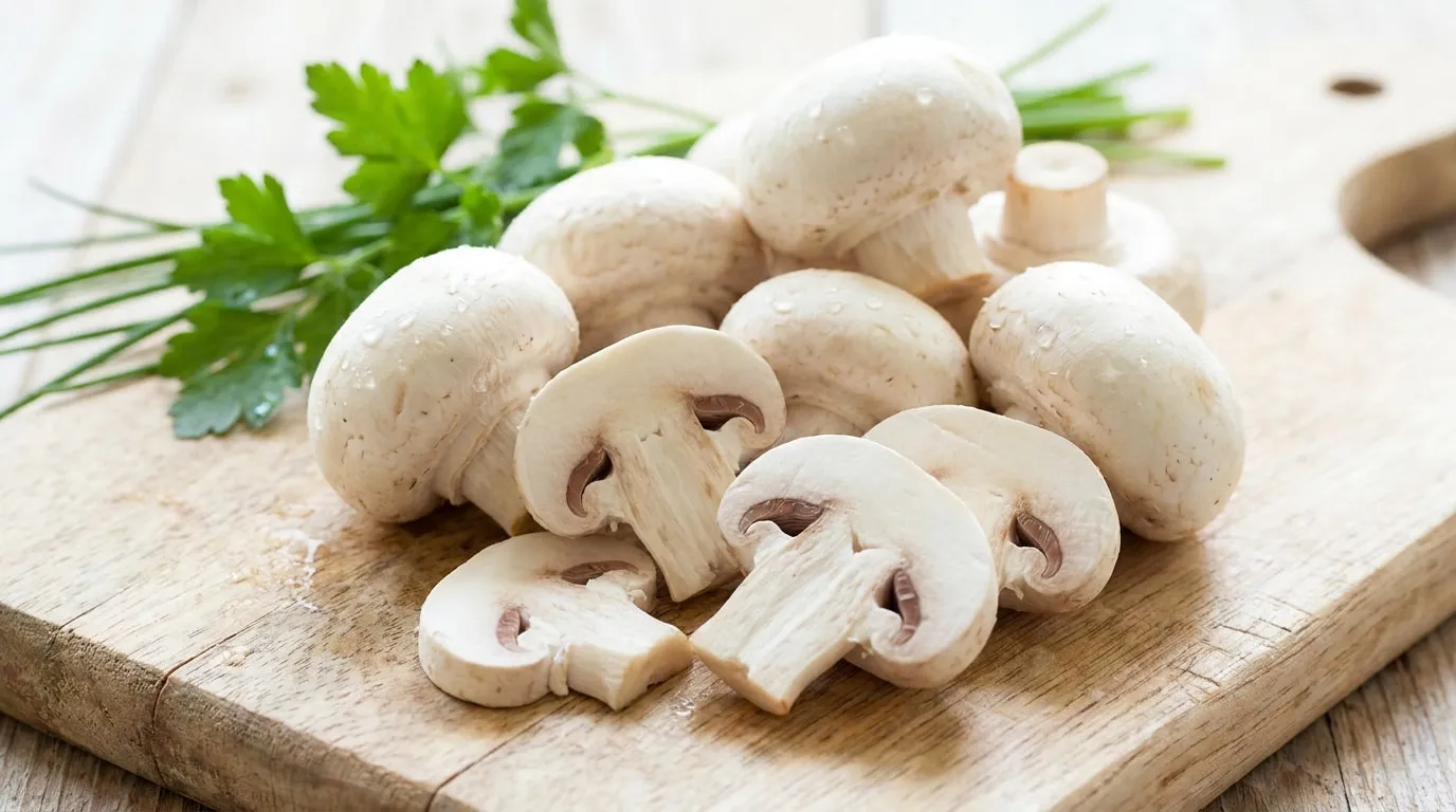 Champignons de Paris entiers et coupés en tranches sur une planche en bois avec des herbes fraîches.