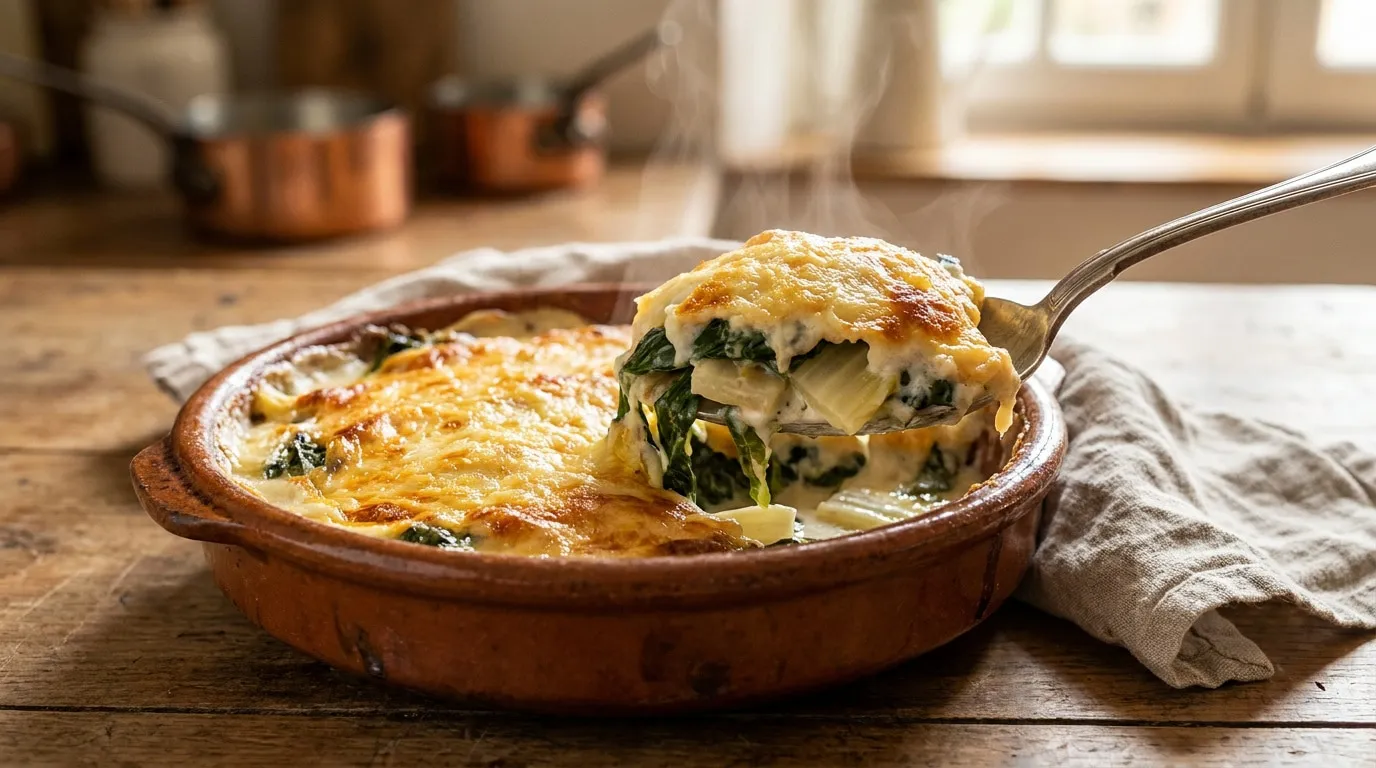 Une portion de gratin de blettes fumant soulevée d'un plat en terre cuite sur une table en bois rustique.