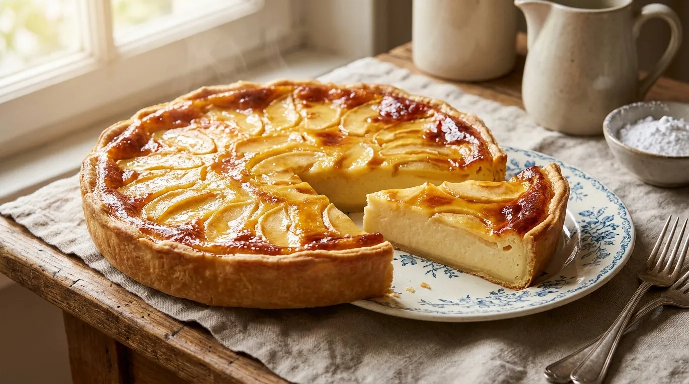 Un gâteau flan aux pommes doré et fumant sur une assiette en porcelaine avec une part coupée, posé sur une table en bois.