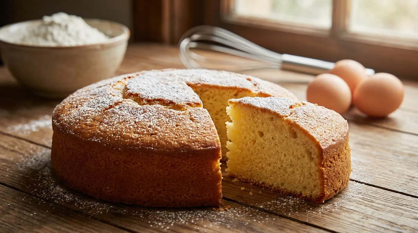 Un gâteau rond nature saupoudré de sucre glace sur une table en bois, entouré de farine, d'œufs et d'un fouet.
