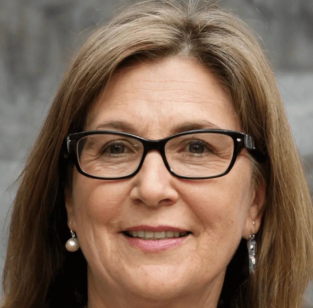 Femme souriante avec lunettes et boucles d'oreilles.