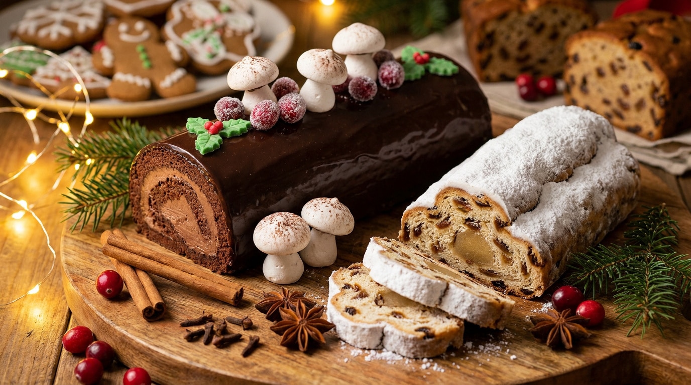 john-towner-3Kv48NS4WUU-unsplash Une bûche au chocolat et un Stollen saupoudré de sucre glace sur une planche en bois décorée de cannelle et de sapin.