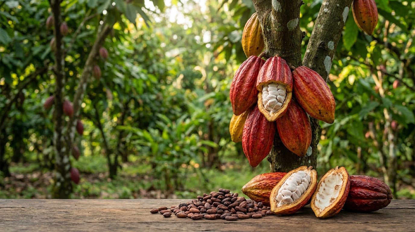 Cabosses de cacao rouges et jaunes suspendues à un arbre, avec des fèves de cacao fraîches sur une table en bois.