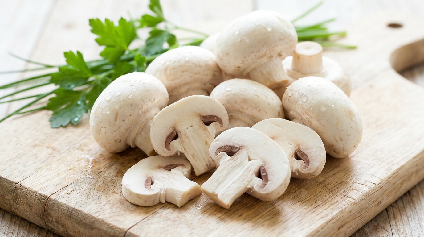 Champignons de Paris entiers et coupés en tranches sur une planche en bois avec des herbes fraîches.