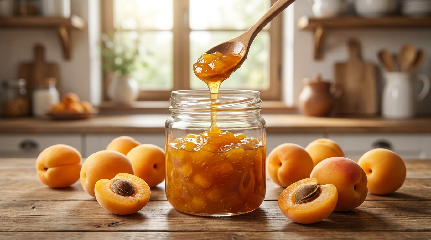Un bocal de confiture d'abricot maison avec des fruits frais sur une table en bois dans une cuisine lumineuse.