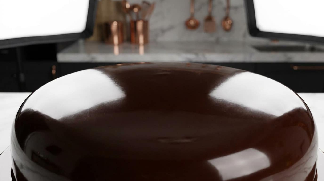 Un gâteau recouvert d'un glaçage miroir au chocolat noir parfaitement lisse et brillant sur un plan de travail en marbre.