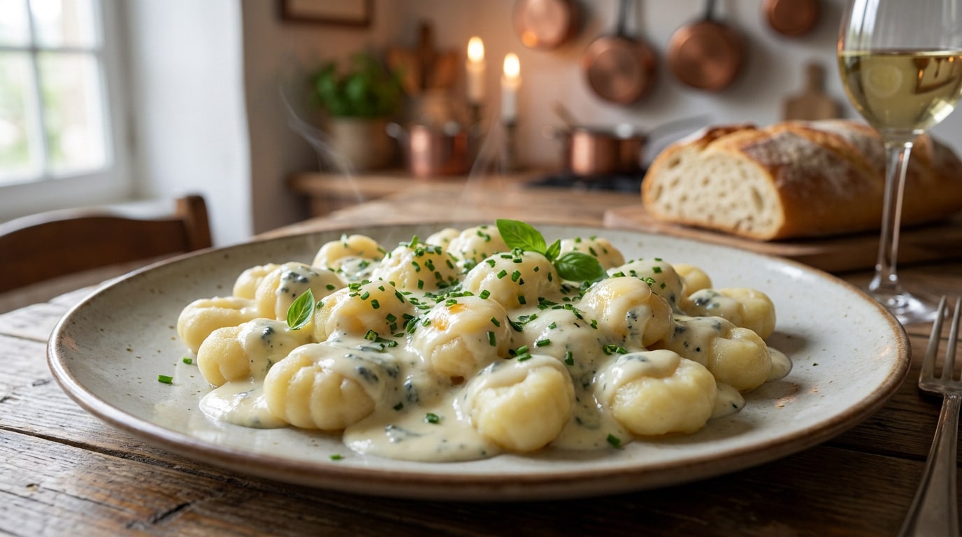 Une assiette de gnocchi fumants nappés d'une sauce crémeuse au gorgonzola, décorés d'herbes fraîches.