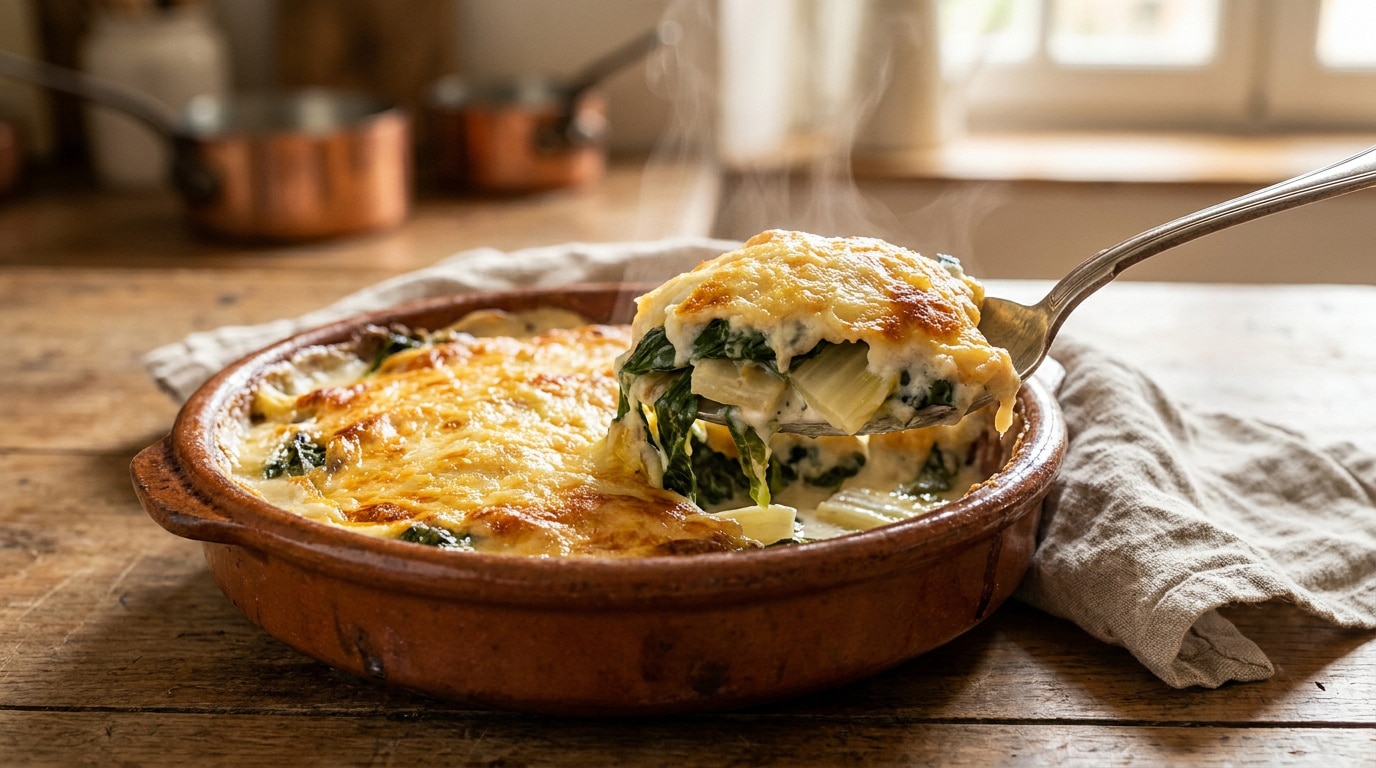 Une portion de gratin de blettes fumant soulevée d'un plat en terre cuite sur une table en bois rustique.
