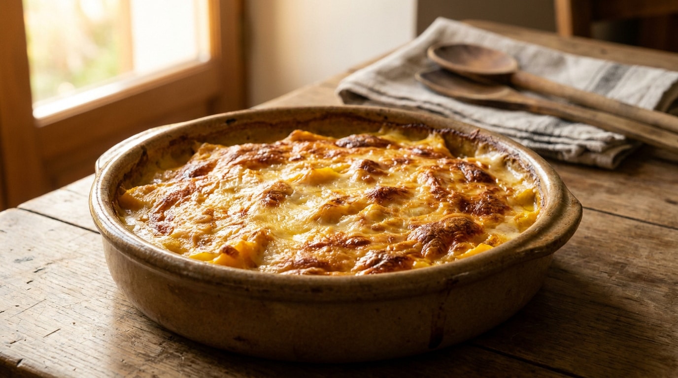 Un gratin de courge doré dans un plat en céramique sur une table en bois rustique avec des cuillères en bois.