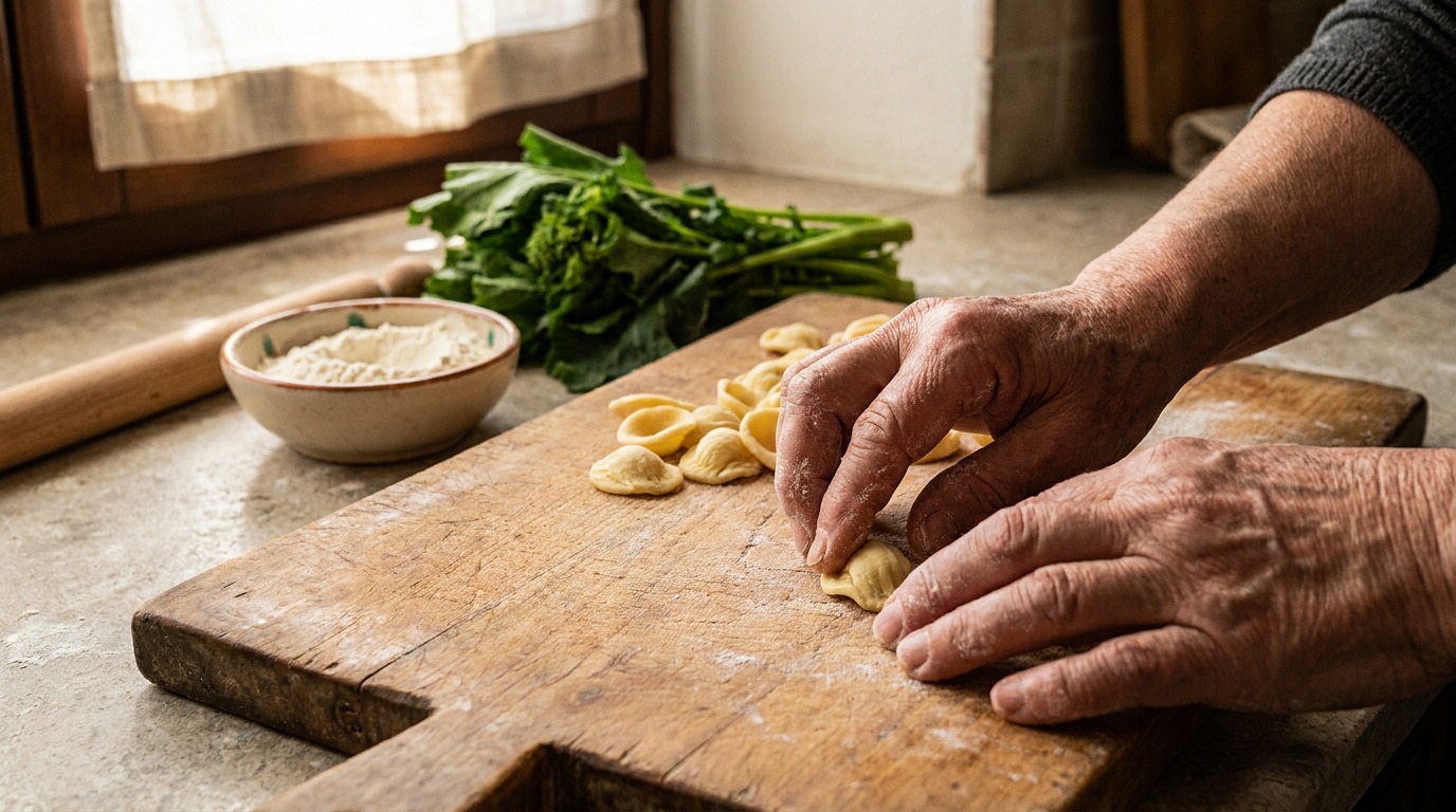Mains d'une personne façonnant des orecchiette sur une planche en bois avec de la farine et des cimes de rapa.