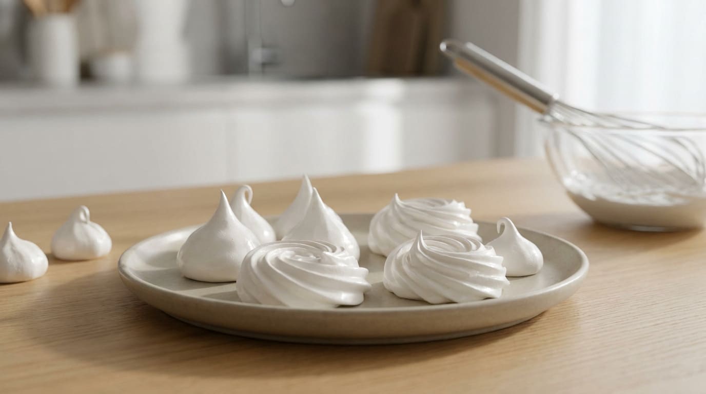 Assiette de meringues suisses blanches parfaitement formées sur une table en bois avec un fouet en arrière-plan.