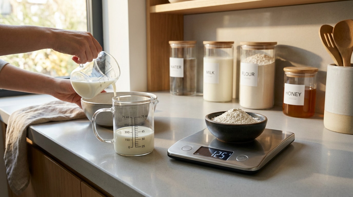 Une personne verse du lait dans un verre doseur sur un comptoir de cuisine avec des ingrédients pesés.