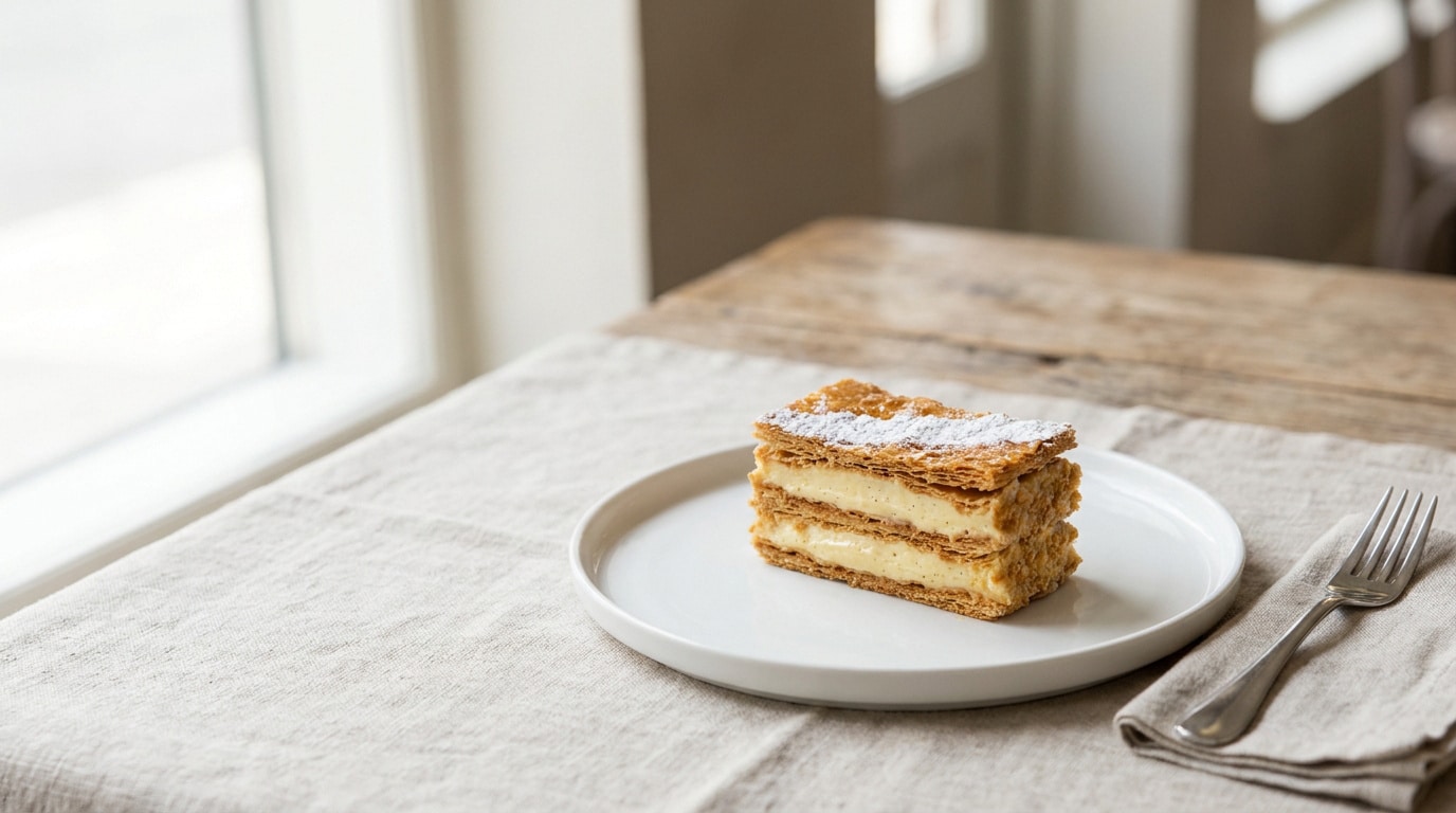 Une part de mille-feuille sur une assiette blanche, posée sur une nappe en lin près d'une fenêtre.